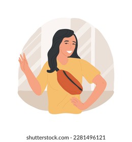 Belt bags isolated cartoon vector illustration. Smiling girl wearing top with belt pouch, bag across body, enthusiastic teenage shouting wow and posing in front of smartphone vector cartoon.