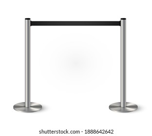 Belt barrier with stanchions and black rope. Security control metal pole posts vector illustration. Airport entry rails, zone chrome dividers, vip barricade on white background.