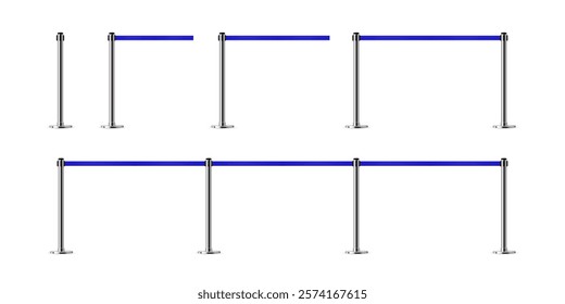 Belt barriers with stanchions and blue ropes. Set of security control metal pole posts. Airport entry rails, zone chrome dividers, vip barricades. Realistic vector illustrations.