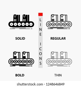 Belt, box, conveyor, factory, line Icon in Thin, Regular, Bold Line and Glyph Style. Vector illustration