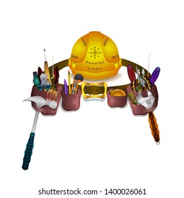 Belt builder. In full equipment of tools. Vector illustration. Isolated on white background.