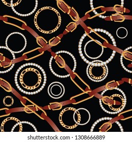 belt chain pattern,gold  chain, seamless shiny stone belt chain