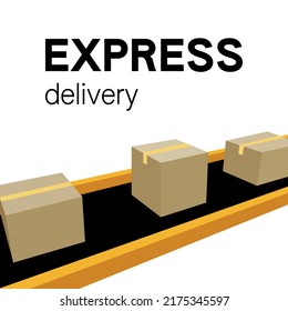 Gürtelförderer mit Kartonboxen. Vektor EPS10. Logistische, farbige Illustration. 3D-Konzept des Expressbanners. Kann für jede Plattform oder jeden Zweck verwendet werden. Aktionsförderungs- und Werbemotiv
