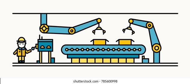 Belt conveyor equipped with robotic arms conveying cardboard boxes and industrial worker in hard hat standing and controlling production process. Colorful vector illustration in line art style.