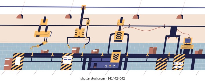 Belt conveyor equipped with robotic hydraulic manipulators conveying boxes. Manufacturing or production line, industrial operation at factory. Colorful vector illustration in modern flat style.