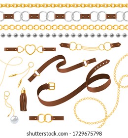 Belt elements. Braid, pendants chain and bracelet, leather straps and metallic buckle, jewelry design repeating trending accessories vector set