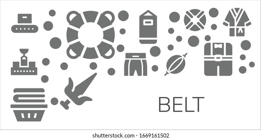 belt icon set. 11 filled belt icons.  Simple modern icons such as: Conveyor, Lifesaver, Boxing shorts, Clothes, Punching bag, Martial arts, Lifebuoy, Bathrobe