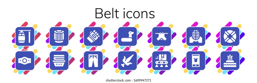 belt icon set. 14 filled belt icons.  Simple modern icons such as: Punching bag, Champion belt, Pulley, Clothes, Karate, Trousers, Rubber ring, Martial arts, Conveyor, Fashion