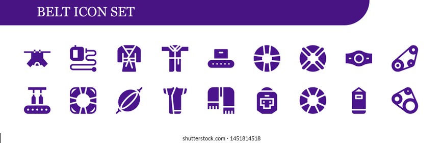 belt icon set. 18 filled belt icons.  Collection Of - Clothes, Extending leads, Judo, Bathrobe, Conveyor, Lifesaver, Lifebuoy, Champion belt, Timing Punching bag, Kimono