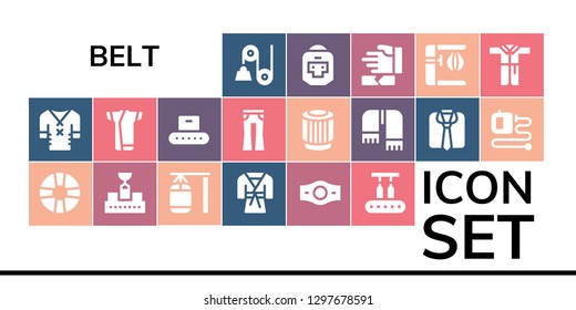  belt icon set. 19 filled belt icons. Simple modern icons about  - Pulley, Clothes, Lifesaver, Conveyor, Punching bag, Judo, Champion belt, Kimono, Jeans, Scarf, Extending leads