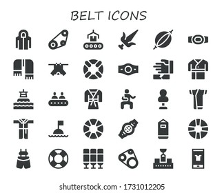 belt icon set. 30 filled belt icons. Included Hoodie, Timing belt, Conveyor, Martial arts, Punching bag, Champion Scarf, Clothes, Lifesaver, Robe, Buoy, Judo, Kimono icons