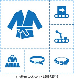 Belt icon. set of 6 belt filled icons such as kimono, conveyor