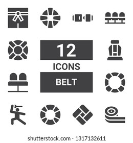 belt icon set. Collection of 12 filled belt icons included Belts candy, Tatami, Lifesaver, Martial arts, Lifebuoy, Seats, Seat, Seat belt