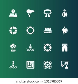 belt icon set. Collection of 16 filled belt icons included Pulley, Lifebuoy, Tatami, Buoy, Trousers, Lifesaver, Clothes, Conveyor, Punching bag, Belt, Seat