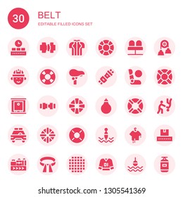 belt icon set. Collection of 30 filled belt icons included Conveyor, Seatbelt, Clothes, Lifesaver, Seats, Engineering, Seat, Seat belt, Airbag, Production, Safety Lifebuoy