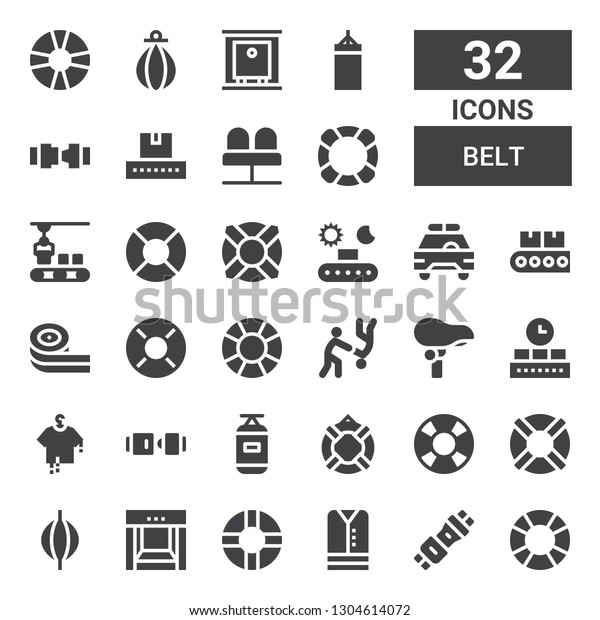 belt icon set.\
Collection of 32 filled belt icons included Lifesaver, Seat belt,\
Clothes, Conveyor, Punching bag, Seat, Aikido, Lifebuoy, Belts\
candy, Safety car, Seats,\
Safety