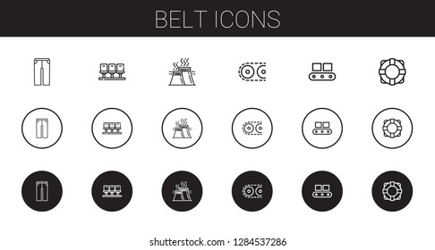 belt icons set. Collection of belt with trousers, seats, industry, conveyor, lifebuoy. Editable and scalable belt icons.