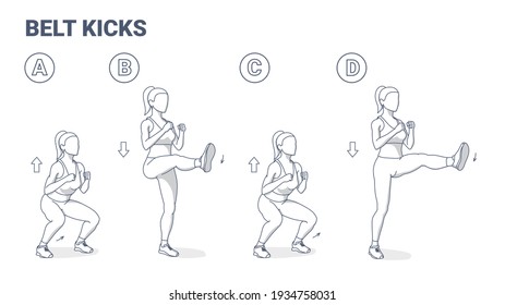 Belt Kicks Women Home Workout Exercise Guidance Illustration. Young Athletic Female Doing Squats and Kicks Switching Legs Sports Routine Vector Concept Art.