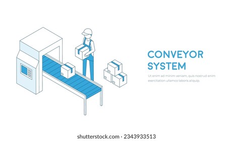 Сonveyor belt operator. Man with parcels. Outline isometry vector. Warehouse worker concept. 