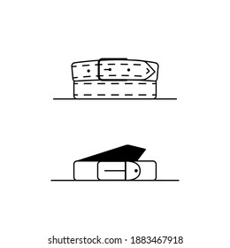 Belt outline icons. 2 vector linear icons of leather belts. Black and white simple illustrations of a rolled buckle belts on the shelf. Can be used as an icon, logo