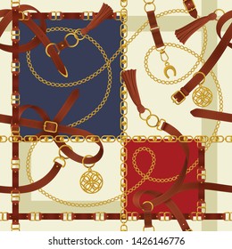Belt realistic background with buckle chain lock and horseshoe vector illustration