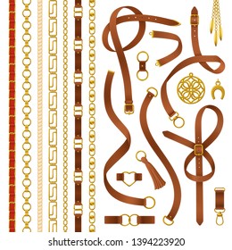 Belt realistic set with buckle horseshoe and chain isolated vector illustration