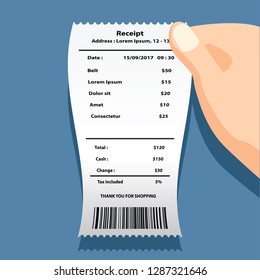 belt receipt printed template, paper financial check. vector illustration