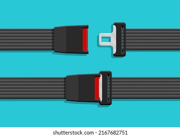 Belt Safety Of Car. Belt Safety On Seat Car. Fasten Seatbelt For Safe In Airplane. Flat Icon Of Security For Plane, Auto And Truck. Sign Of Protection In Traffic Isolated On Blue Background. Vector.