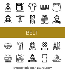 belt simple icons set. Contains such icons as Taekwondo, Engineer, Engineering, Conveyor, Blouse, Clothes, Kimono, Skirt, Belt pouch, Slimming belt, can be used for web, mobile and logo
