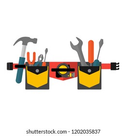 Belt with tools. Conceptual image of tools for repair, construction and builder. Concept image of work wear. Cartoon flat vector illustration. Objects isolated on a background.