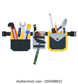 Belt with tools. Conceptual image of tools for repair, construction and builder. Concept image of work wear. Cartoon flat vector illustration. Objects isolated on a background.