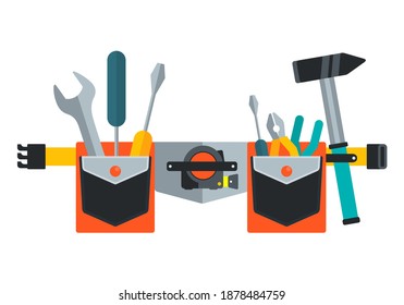 Belt with tools. Conceptual image of tools for repair, construction and builder. Concept image of work wear. Cartoon flat vector illustration. Objects isolated on a background.