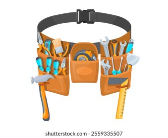 Belt with tools. Handyman worker belts tool uniform, hardware bag builder work repair fix service employee technician carpenter equipment, cartoon isolated neat vector illustration original artwork