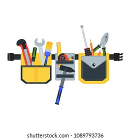 Belt with tools.Conceptual image of tools for repair, construction and builder. Concept image of work wear. Cartoon flat vector illustration. Objects isolated on a background.