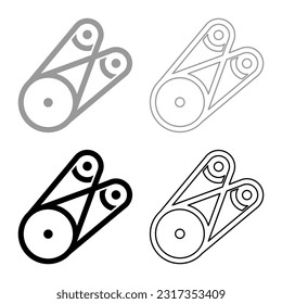 Belt transmission mechanism with three pulleys drive part automobile tension rollers engine spare auto repair wheels with rubber tape V-belt Automotive concept set icon grey black color vector 