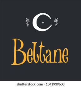 Beltane lettering sign with moon herbs and stars on dark background