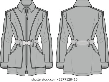 Belted Blazer new style front and back flat sketch technical drawing vector illustration template