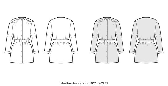 Belted blouse technical fashion illustration with long sleeves, stand collar, oversized, button up, enlarged hem. Flat apparel top template front, back, white, grey color. Women, men unisex CAD mockup