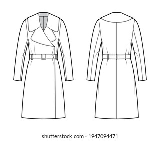 Belted coat technical fashion illustration with long sleeves, huge notched collar, oversized body, knee length. Flat jacket template front, back, white color style. Women, men, unisex top CAD mockup