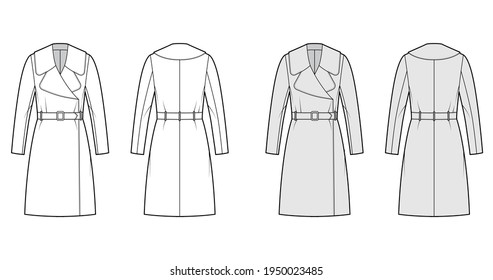 Belted coat technical fashion illustration with long sleeves, huge notched collar, oversized body, knee length. Flat jacket template front, back, white, grey color style. Women, men, unisex CAD mockup