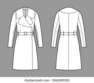 Belted coat technical fashion illustration with long sleeves, huge notched collar, oversized body, knee length. Flat jacket template front, back, white color style. Women, men, unisex top CAD mockup