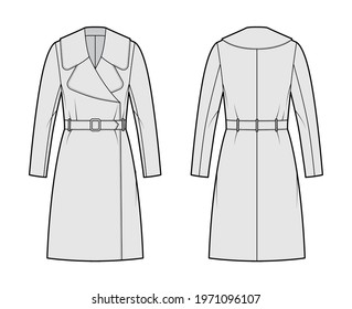 Belted coat technical fashion illustration with long sleeves, huge notched collar, oversized body, knee length. Flat jacket template front, back, grey color style. Women, men, unisex top CAD mockup