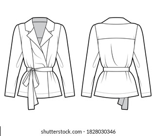 Belted double-breasted wrap shirt technical fashion illustration with relaxed fit pointed notch collar, long sleeves. Flat apparel template front back white color. Women men unisex blazer CAD mockup