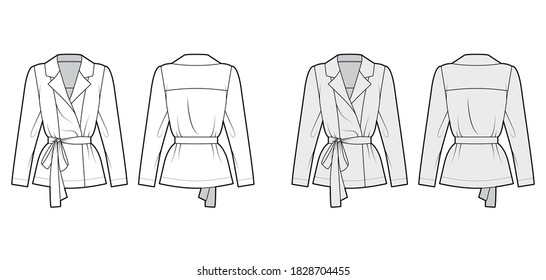 Belted double-breasted wrap shirt technical fashion illustration with relaxed fit pointed notch collar, long sleeves. Flat template front back white grey color. Women men unisex blazer CAD mockup