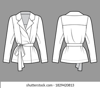 Belted double-breasted wrap shirt technical fashion illustration with relaxed fit pointed notch collar, long sleeves. Flat apparel template front back white color. Women men unisex blazer mockup