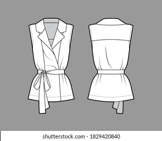 Belted double-breasted wrap shirt technical fashion illustration with relaxed fit pointed notch collar, sleeveless. Flat apparel template front back white color. Women men unisex blazer  mockup