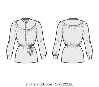 Belted gathered blouse technical fashion illustration with long sleeves, curved mandarin collar, relaxed shape. Flat shirt apparel template front, back, grey color. Women, men unisex top CAD mockup