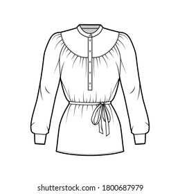 Belted gathered blouse technical fashion illustration with long sleeves, curved mandarin collar, relaxed shape. Flat shirt apparel template front, white color. Women, men unisex top CAD mockup