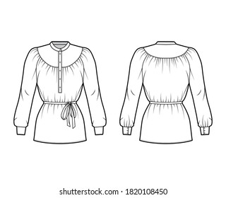 Belted gathered blouse technical fashion illustration with long sleeves, curved mandarin collar, relaxed shape. Flat shirt apparel template front, back, white color. Women, men unisex top CAD mockup