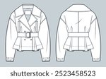 Belted Jacket technical fashion Illustration. Cropped Trench Coat fashion flat technical drawing template, double breasted, buttons, pockets, front and back view, white, women, men, unisex CAD mockup.